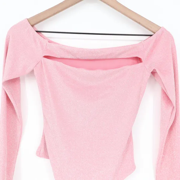 Naked Wardrobe Pink Shimmer Lurex Cutout Off Shoulder Bodysuit Small - Image 3