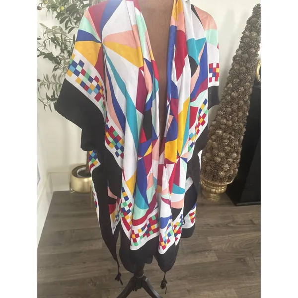 Jessica McClintock Geometric Abstract Kimono Wrap Multi Color Tassel OS - Image 3