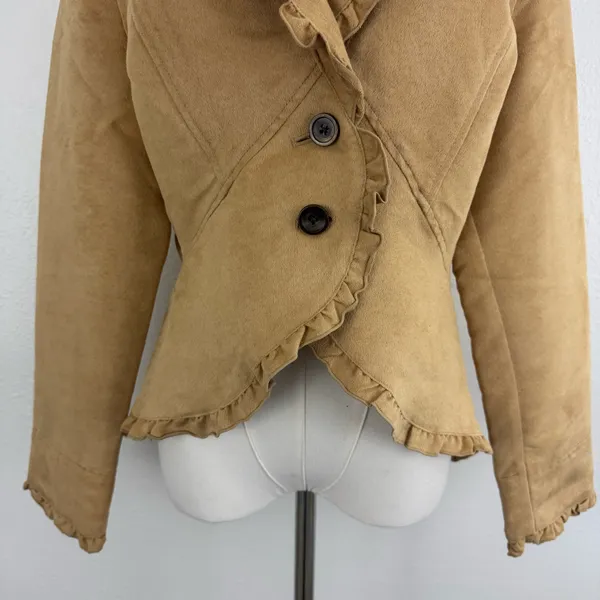 FADED GLORY Y2K Tan Blonde Faux Suede V Neck Ruffle Trim Button Up Blazer Jacket - Image 3