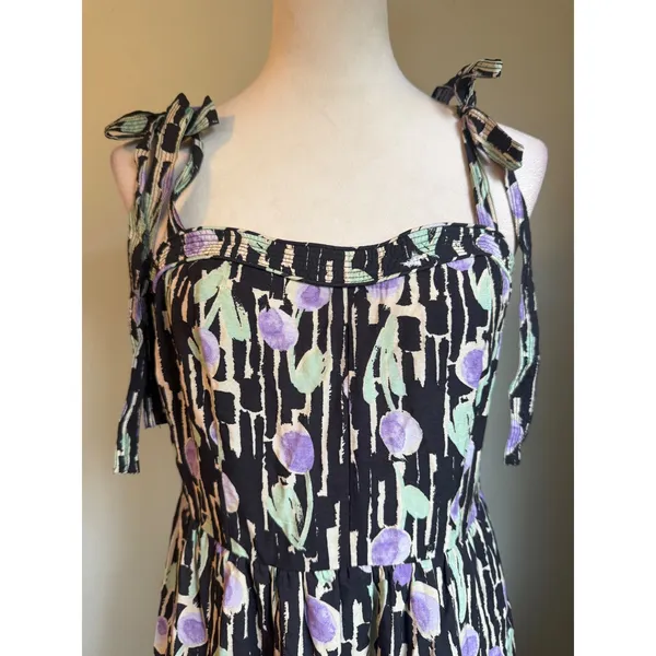 Moon River Purple floral Tiered Midi Dress Black Tie Strap Large boho whimsi re - Image 4