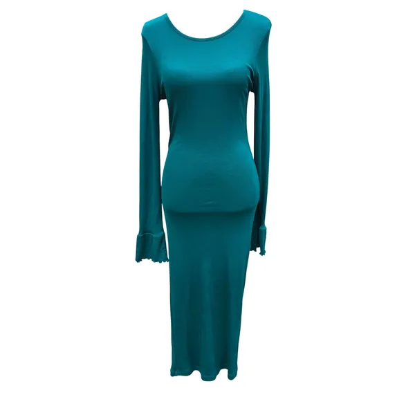 ASOS 36Y NWT Teal Ribbed Knit Maxi Dress Flared Lettuce Hem Sleeve Long Sleeve S - Image 2