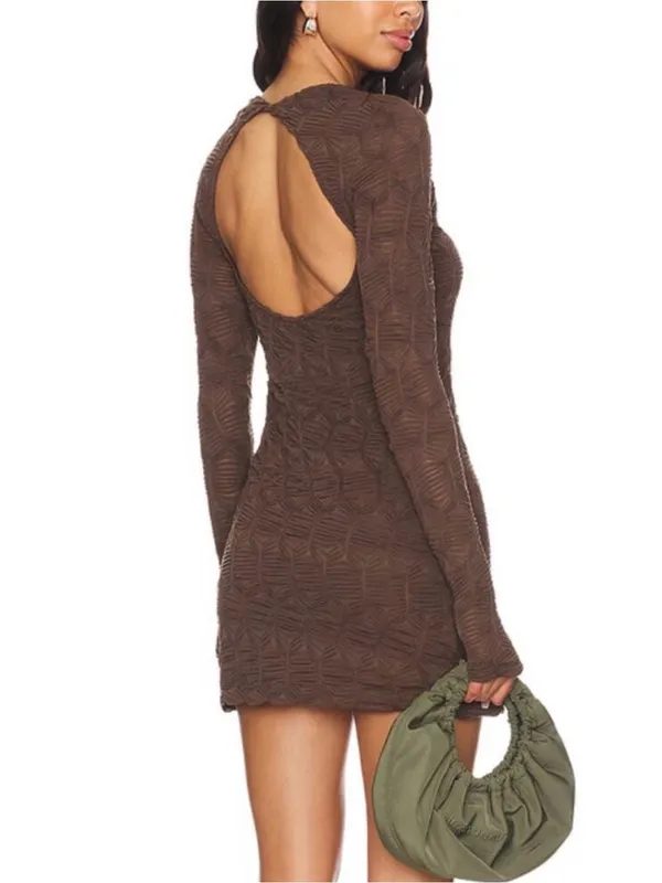 Free People Paulie Textured Open Back Mini Dress Brown M Bodycon Long Sleeve - Image 2