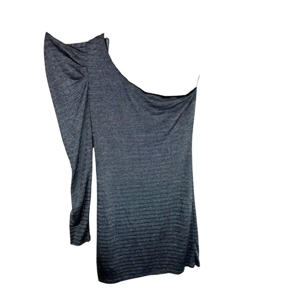 Arden B Blue Gray Striped Shimmery One Long Puff Sleeve Bodycon Mini‎ Dress Sz L - Image 2