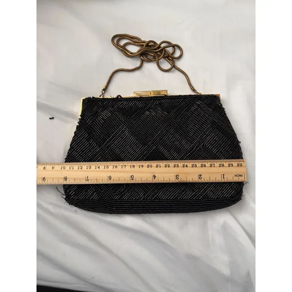 Vintage Marshall‎ Fields Black Beaded Clutch Hand Made Evening Bag Gold Chain - Image 14