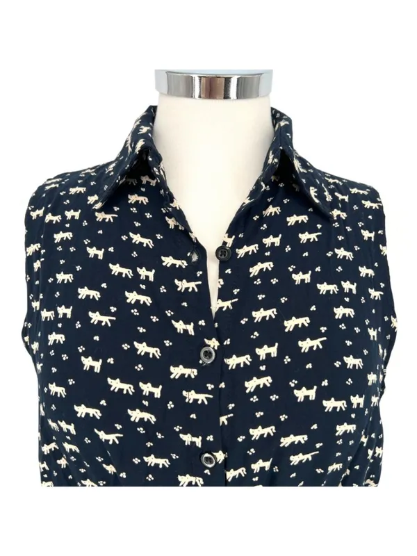 Favolook Cat Print Sleeveless Collared Shirt Dress Black Size Medium Mod Preppy - Image 3