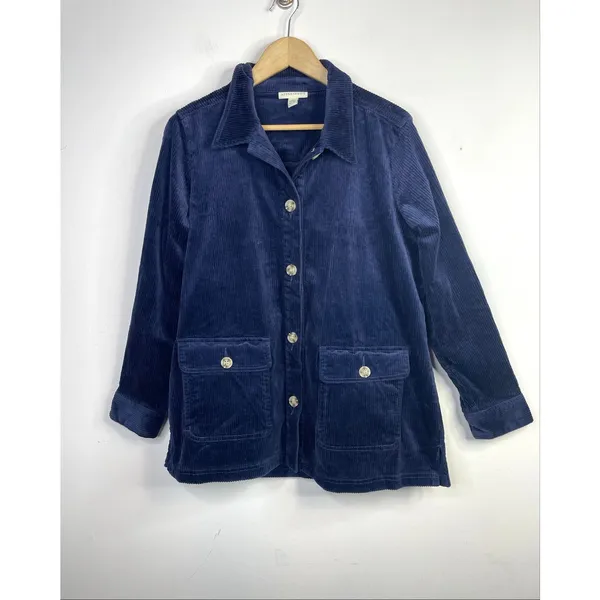 Appleseeds Wide Wale Corduroy Shacket Barn Coat Chore Jacket Stretch Navy Blue M - Image 2