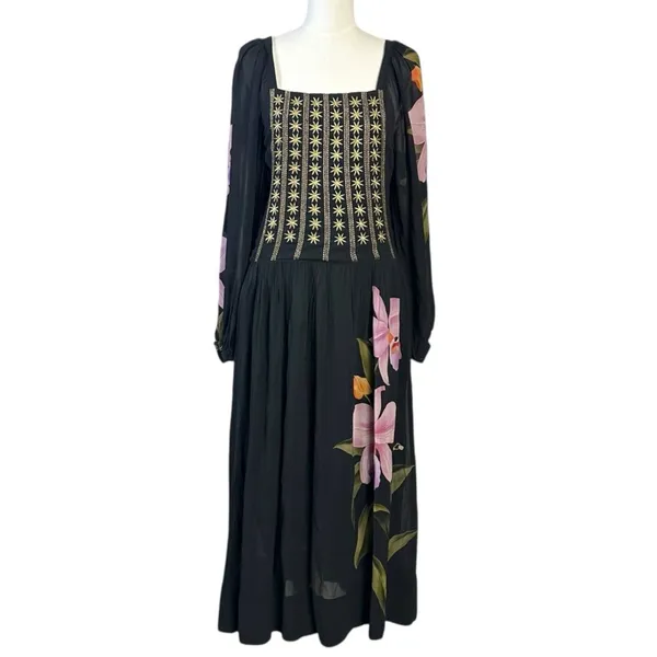 FARM Rio Embroidered Goddess Orchid Floral Long Sleeve Midi Dress Black Small - Image 5