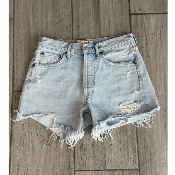 AGOLDE Micah Boyfriend Denim Shorts Swapmeet Distressed Raw Hem Womens Size 24 - Image 3
