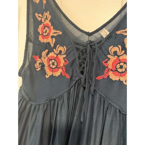 Free People Intimately Navy Blue Floral Embroidered Lace Up Mini Dress Small - Image 7