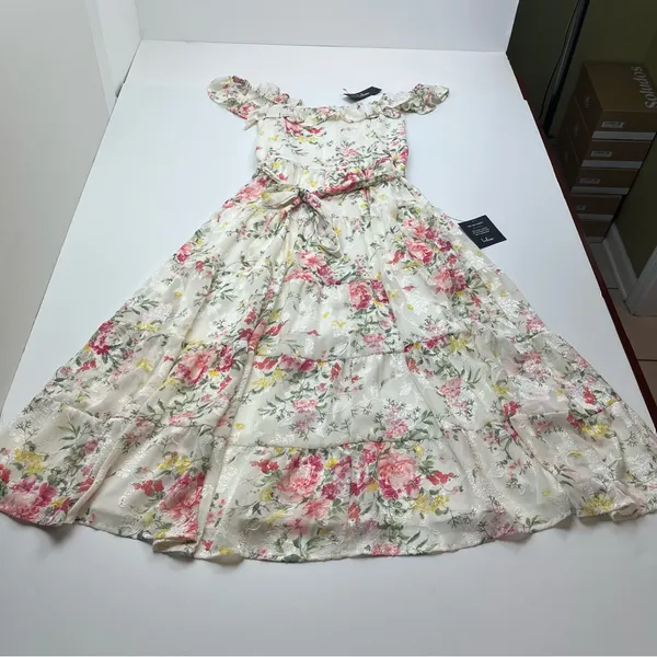 Lulus Shela Ivory Floral Jacquard Tiered Midi Dress‎ Ruffle Womens Medium NEW - Image 3