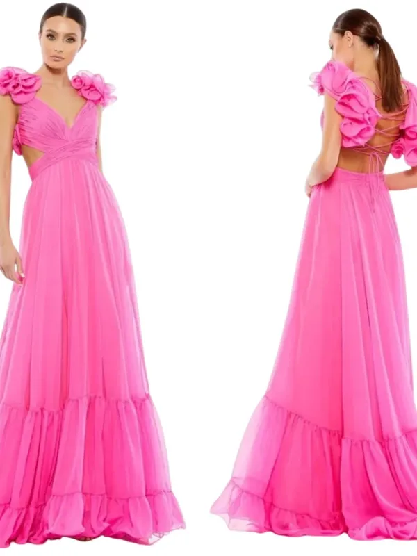 Mac Duggal Ruffle Tiered Cut-Out Chiffon Gown Womens 4 Hot Pink Formal 67911 NWT - Image 2