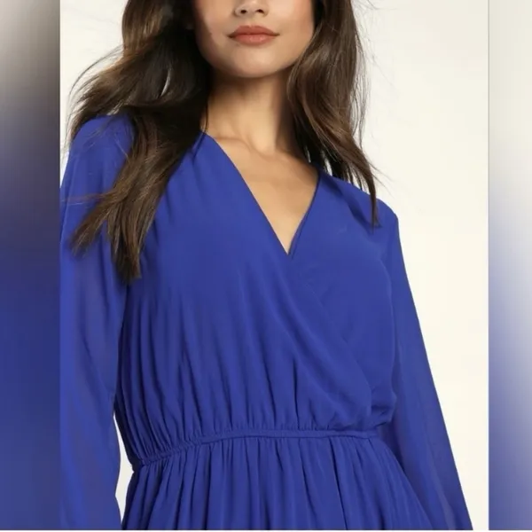 NWT Lulus Wondrous Water Lilies Royal‎ Blue Long Sleeve Slit Maxi Dress LARGE - Image 2