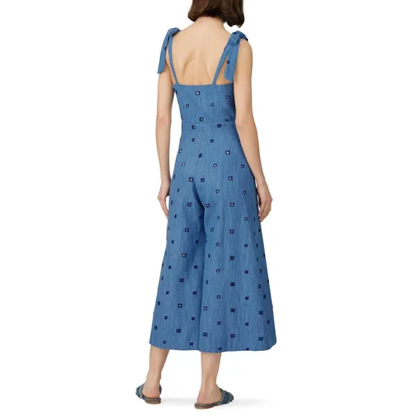 Hunter Bell Alex Denim Wide Leg Crop Jumpsuit Tie Straps With Side Zip‎ Size 0 - Image 3