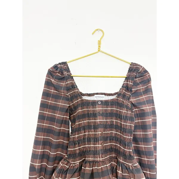 Peppermayo Joyce Long Sleeve Cotton Shirred Top Size 6 Chocolate Check Smocked - Image 5