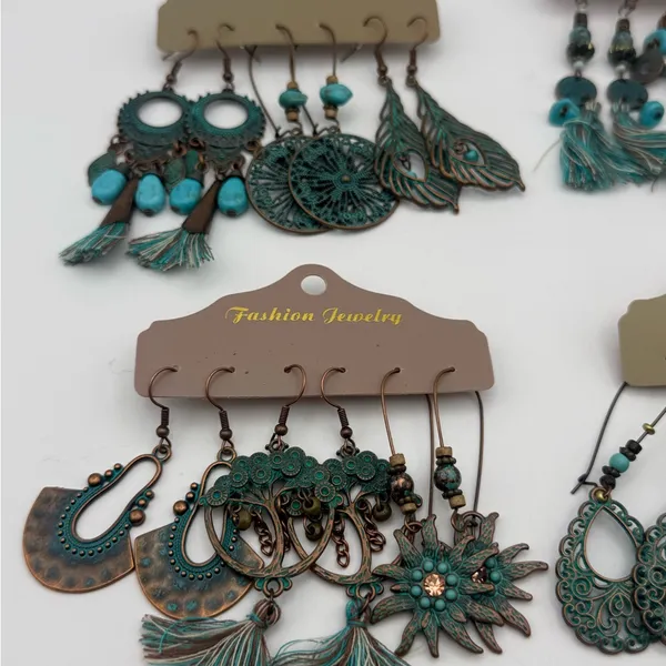 Boho Turquoise 13 Pair Dangle Earrings Bundle | Tassel Feather Shell Bronze - Image 3