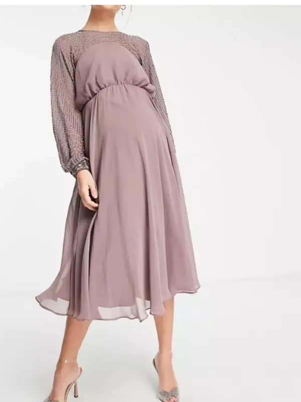 NEW ASOS DESIGN midi dress with linear yoke embellishment in mauve US 4 - Image 4