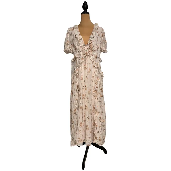 Storia Floral Ruffle‎ Maxi Dress Cream Pink Dobby Puff Sleeve Large NWT - Image 3