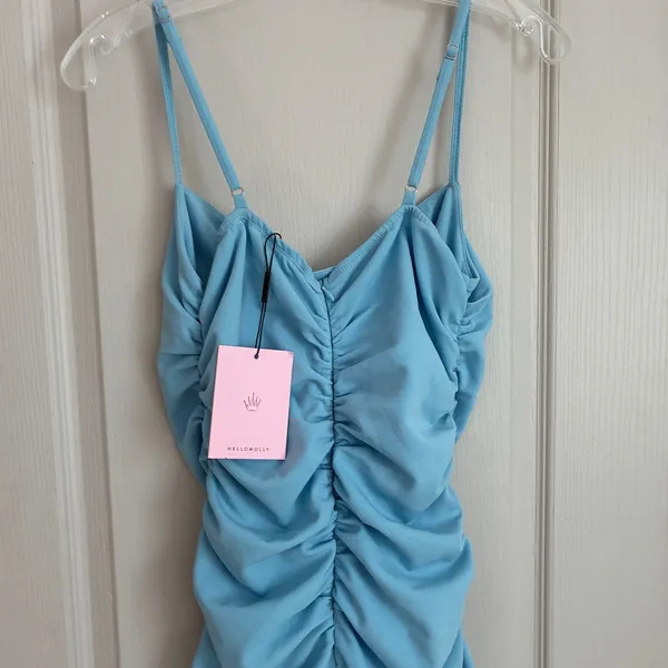 Hello Molly Blue Ruched Mini Dress Cowl Neck‎ Ruffle Hem A04200HM Womens 8 NWT - Image 6