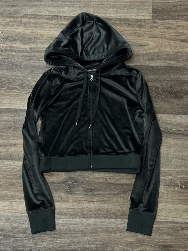 Aerie Dreamy Velour Cropped Zip Up Hoodie Dark Grey Women’s Medium - Image 2
