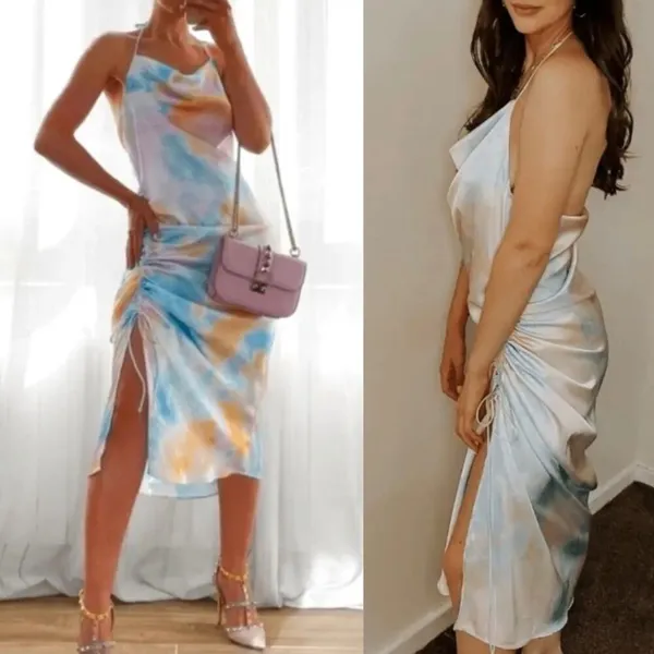 Zara pastel tie dye satin rainbow‎ ruched ruched midi dress blogger size XS - Image 3