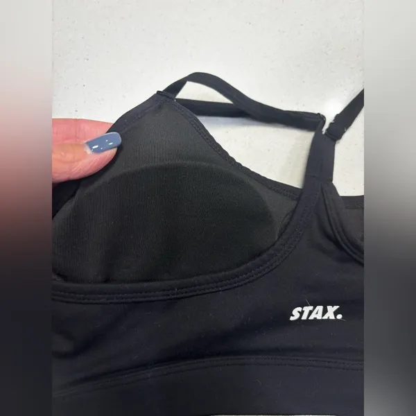 STAX. Black Strappy Crop‎ Sports Bra Size Small Padded Adjustable Straps - Image 4