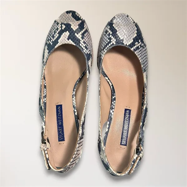 Stuart Weitzman 7.5 Snake Print Embossed Cork‎ Wedge Slingback Peep Toe Sandals - Image 6