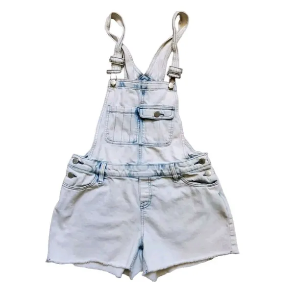 Mossimo Overalls Denim White Wash Women Size Small Distressed Shorts Hem Pockets - Image 5