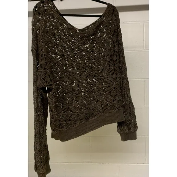 NEW Free People Bittersweet Brown Off Shoulder Crochet Sweater Open Knit - Large - Image 2