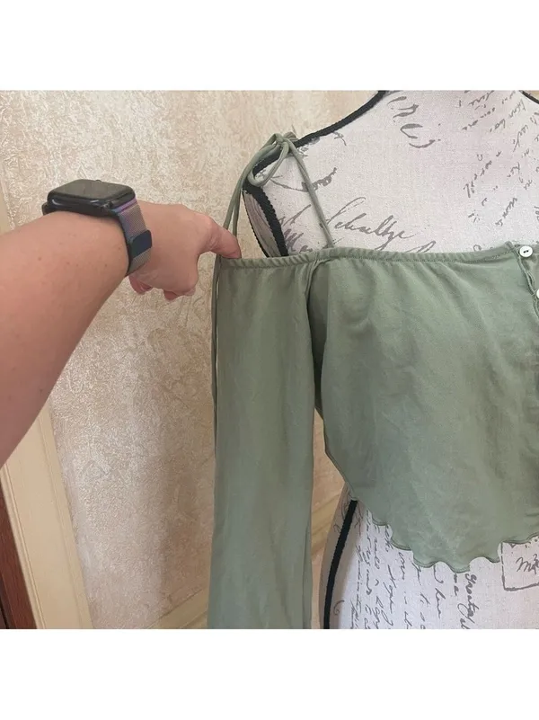 Zara Flowy Tank Top Tie Shoulders Spaghetti Straps Long Sleeve Green Sz M - Image 8