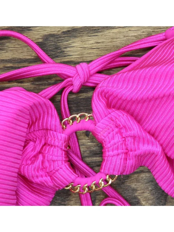 NWT Becca Ribbed Chain Ring Halter Bikini Swim Top 223157 Azalea Pink D - Image 12