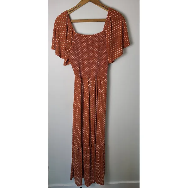 Ember Med Rust Orange Polka Dot Smocked Maxi Dress Flutter Sleeve Cottage Boho - Image 2
