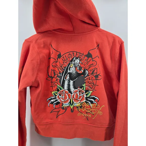 Ed Hardy Hoodie Womens XL Red Cropped Zip Up Tattoo Graphic Panther Dagger Y2K - Image 5