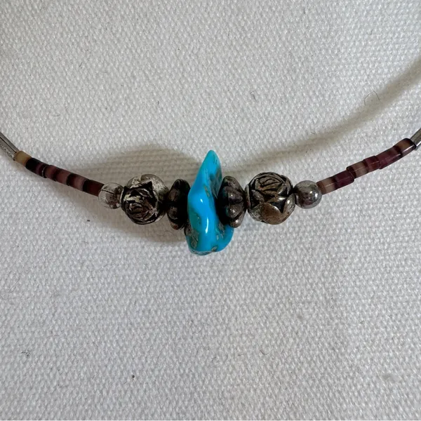 Vintage Silver Tone Southwestern Style Beaded Necklace Turquoise Beads - Image 6