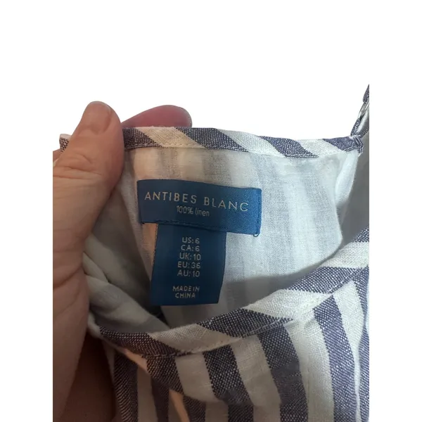Antibes‎ Blanc Blue White Striped 100% Linen Midi Dress Womens Size 6 V-Neck - Image 7