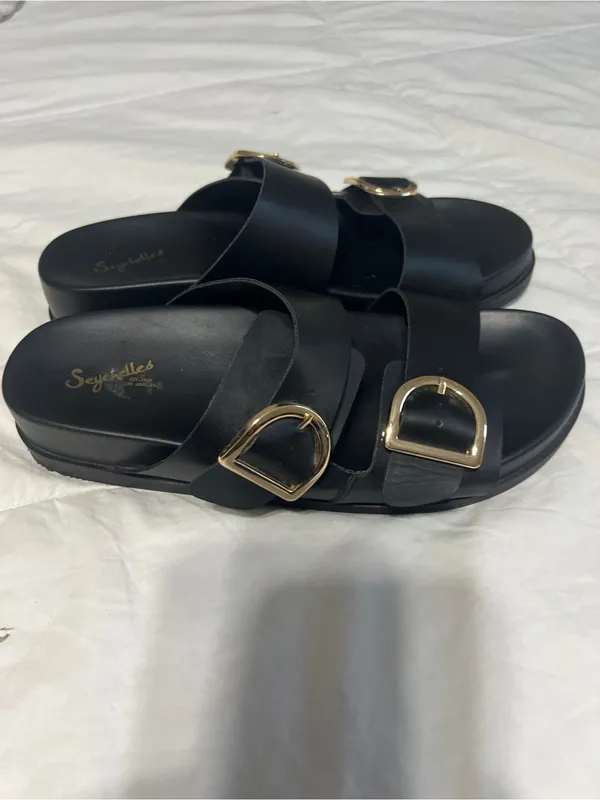 Seychelles Black Double-Buckle Slide Sandals with Gold Buckles - Image 6