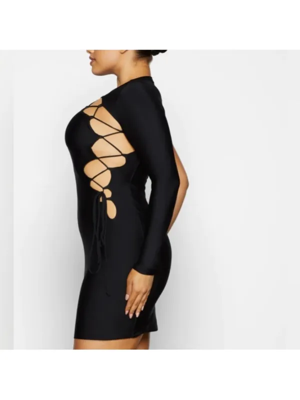 Skims Lace Up Mini Dress Black Onyx One Shoulder Bodycon Stretch Size Small - Image 2