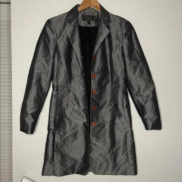 Vintage Express Silver Trench Coat Pockets Nylon Shimmer Y2K Glam Fall Small - Image 4