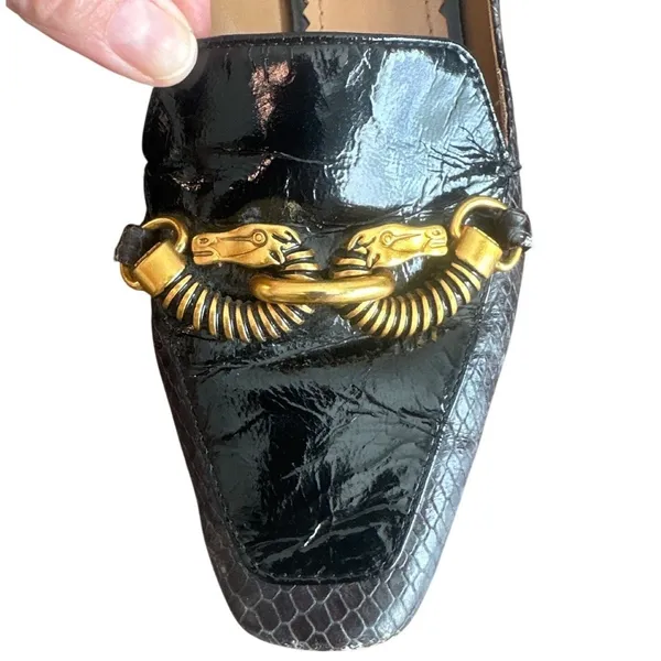 Tory Burch Jessa Horsehead Loafers Snake Patent Leather Black Gold 8.5 - Image 11