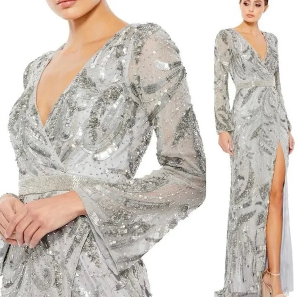 MAC DUGGAL 5222 Sequin Faux Wrap Split Long Sleeve Gown Size 8 New w/ Tag $598 - Image 7