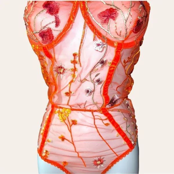 one piece orange sheer mesh Nighty! New Size L - Image 4