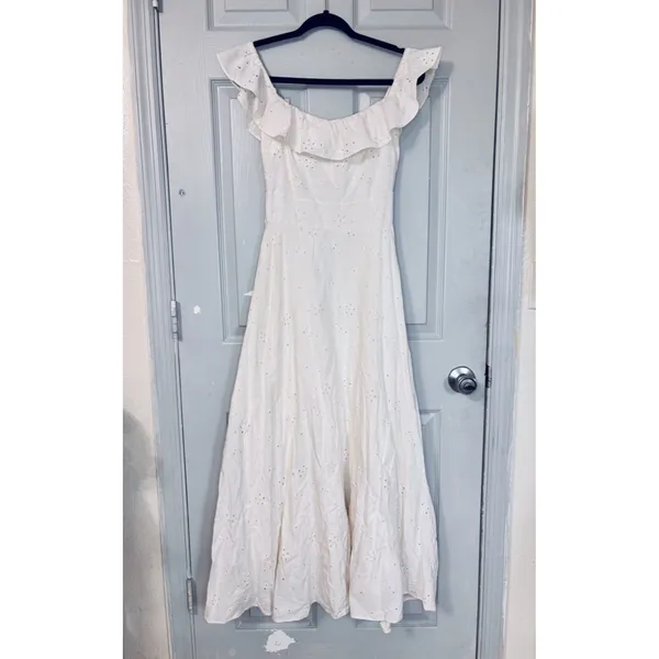 Zara eyelet off shoulder ivory midi cottage women’s dress smocked runs small* - Image 13