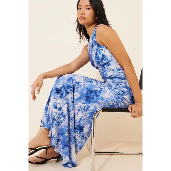 Dress The Population Violetta Maxi Dress XL Blue Floral‎ Pleated Ruched Wedding - Image 15