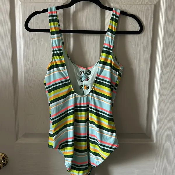 AERIE Women’s Striped One Piece Tie Front‎ One Piece Bathing Suit Sz Large - Image 6