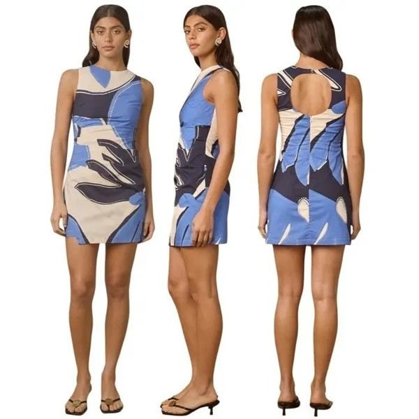 MON RENN Twilight Palms Mini Dress Blue‎ White Abstract Cutout Back Size S NWT - Image 2