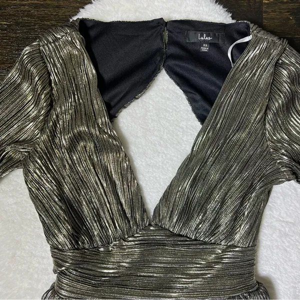 Lulu’s Plisse and Thank You Gold Pleated Long Sleeve Backless Romper - Image 5