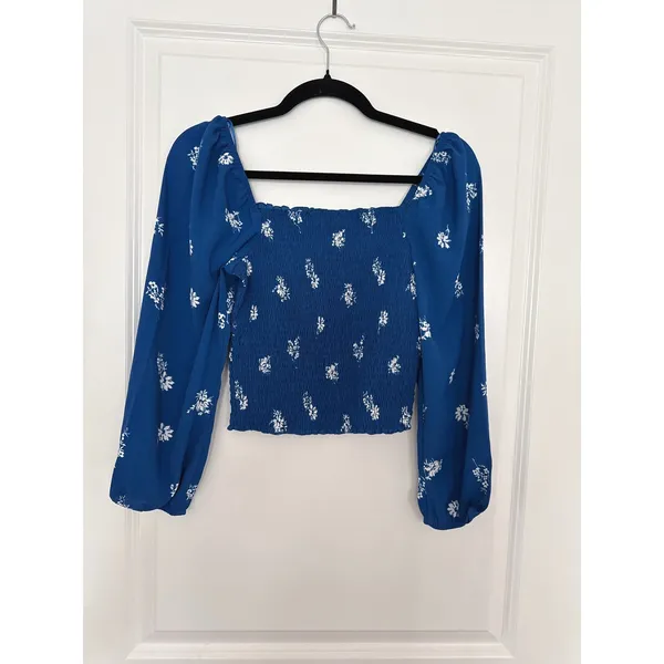 Abercrombie & Fitch Blue Floral Smocked Square Neck Balloon Sleeve Top Medium - Image 3