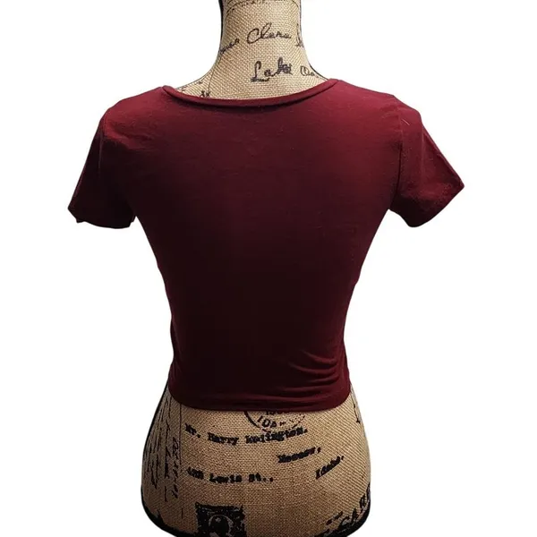 Wild‎ Fable Burgundy V-Neck Crop Top Basic Fitted Short Sleeve T-Shirt Size S - Image 2