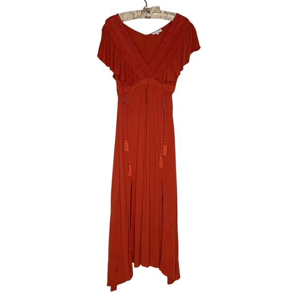 Baltic Born S Babydoll Maxi Dress Rust Tassel Ruffle Boho Rayon Lined Split‎ Hem - Image 3