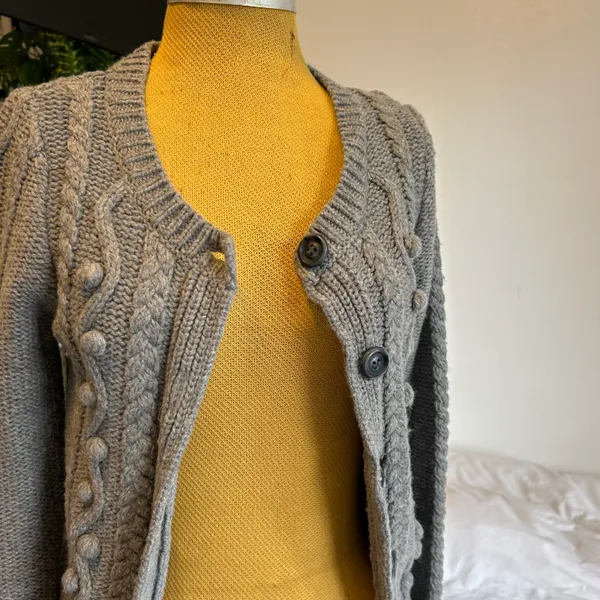Aerie wool blend grey button cable pom pom ribbed cardigan - Image 2