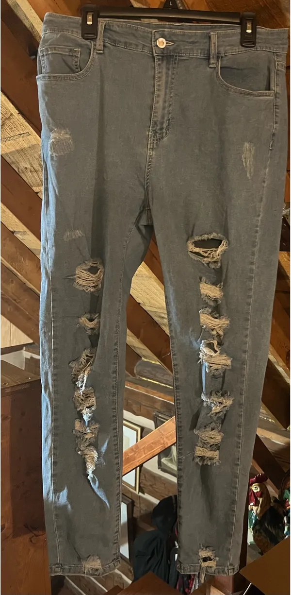 Shein Distressed Jeans Light Blue Denim Hi-rise Waist Sz XL Pe - Image 2